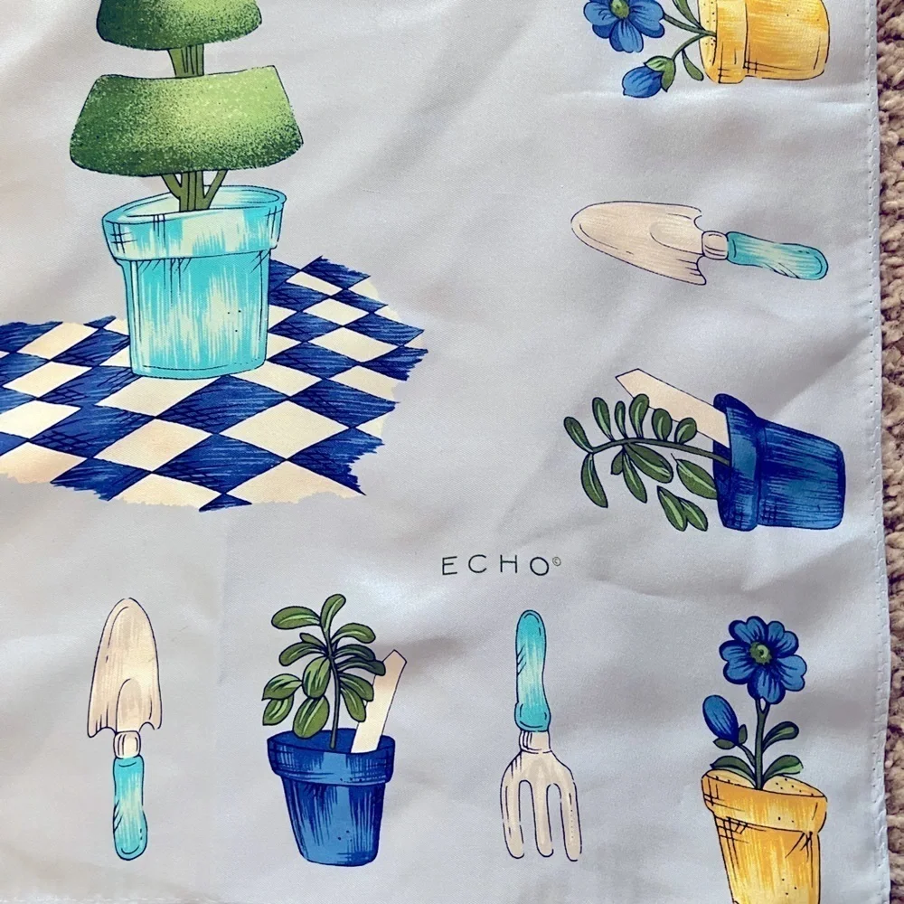 ECHO silk scarf with lawn & gardening theme, flowerpots, tools, topiary, blue